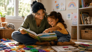Madre y niña leyendo un libro ilustrado juntas en una habitación infantil llena de materiales educativos y juguetes.