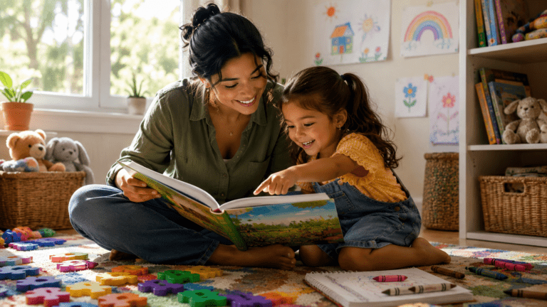 Madre y niña leyendo un libro ilustrado juntas en una habitación infantil llena de materiales educativos y juguetes.