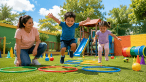 Dos niños pequeños saltan sobre aros de colores en un patio escolar mientras una maestra los observa y anima.