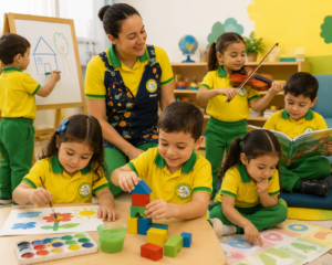 profesors del centroeductivos marcadores con niños practicando diferentes actividades y aprendiendo